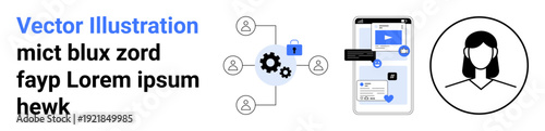 Free Download Identity verification, online security, data sharing, cybersecurity, digital communication, user authentication. Gear and user icons connecting to a phone interface. Identity verification and online - GFXLoad