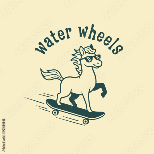 Cool Horse Riding Skateboard with Sunglasses and Water Wheels Text.