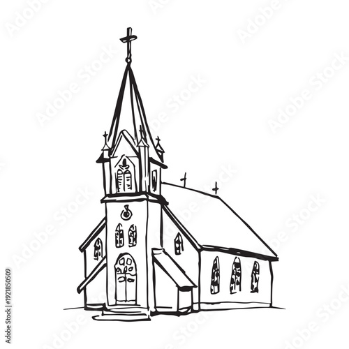 Hand drawn church sketch, vintage Christian chapel, Gothic steeple, cross, line art, black ink isolated on white background