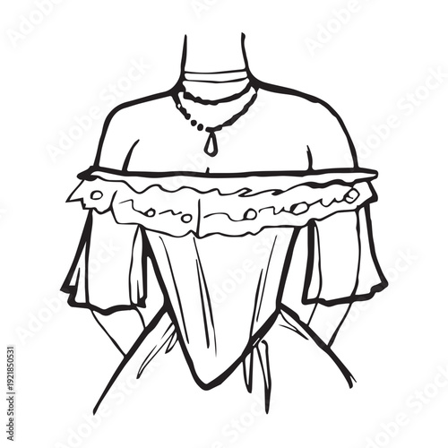 Hand drawn vintage corset sketch, Victorian off-shoulder bodice with ruffle, lace trim, choker necklace, romantic fashion line art, black ink isolated on white