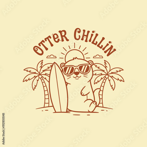 Cute Otter Chillin on Beach with Surfboard and Palm Trees.