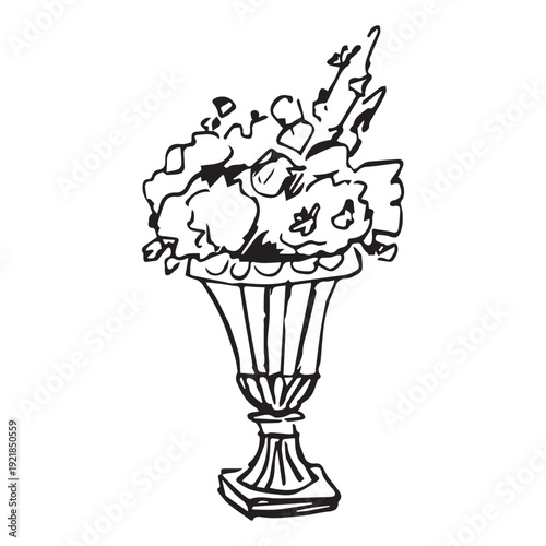 Hand drawn floral vase sketch, vintage ornate pedestal with lush bouquet, roses and wildflowers, classic line art, black ink isolated on white