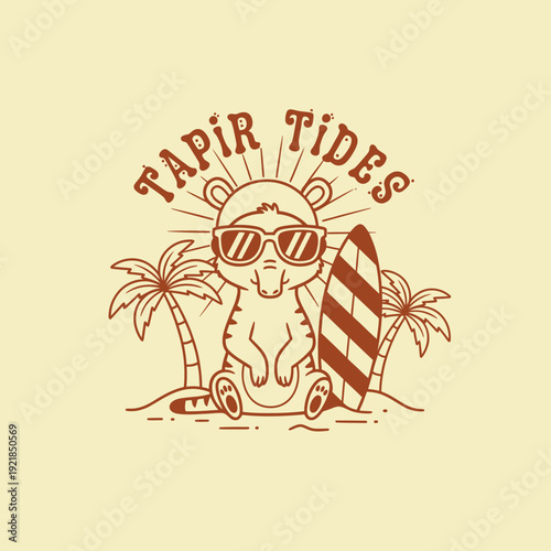 Cute Tapir Wearing Sunglasses and Holding a Surfboard on a Tropical Beach.