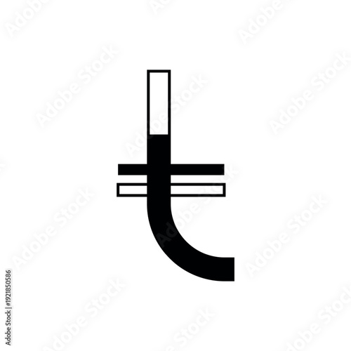 Vector illustration of a modern linear lowercase letter t. Its horizontal bar features a split black and outline style, while the curved stem is solid black. Isolated on white background.