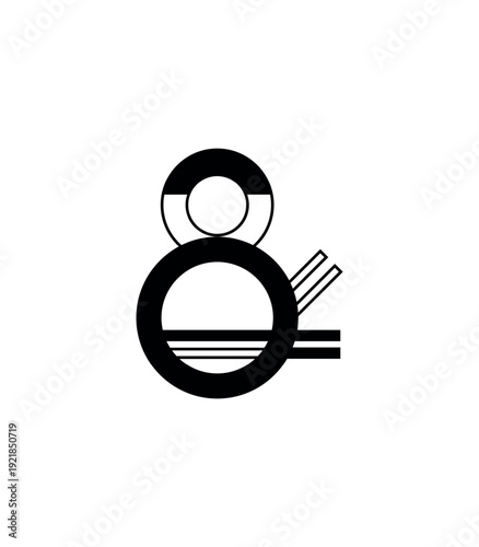 Vector illustration of a stylized linear ampersand symbol. This typographic character ( ) features a creative split black and outline design for a modern aesthetic. Isolated on white background.