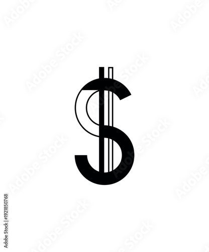 Vector illustration of a linear dollar sign ( ). This currency symbol features a stylized 'S' with a split black and outline design, intersected by a vertical bar. Isolated on white background.