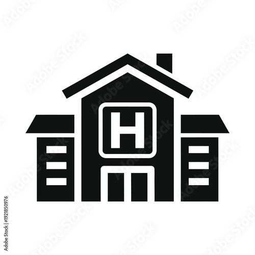 Simple black and white hospital building icon, ui elements