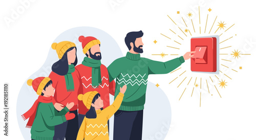 Family Celebrating Festive Winter Holidays By Switching On Bright Lights