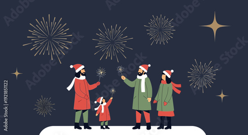 Family Celebration With Sparklers And Fireworks Display During Winter Season