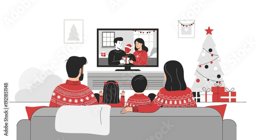 Family Cozy Christmas Gathering Watching Festive Holiday Television Program Together