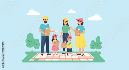 Family Enjoying A Cheerful Picnic In A Sunny Park Landscape
