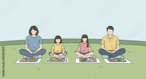 Family Enjoying A Peaceful Outdoor Meal In A Meadow