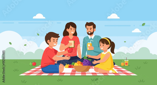 Family Enjoying A Relaxing Picnic Day Outdoors With Food And Beverages In Nature