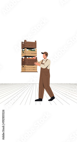 Farmer Carrying Stacked Crates of Harvested Produce Across the Agricultural Field