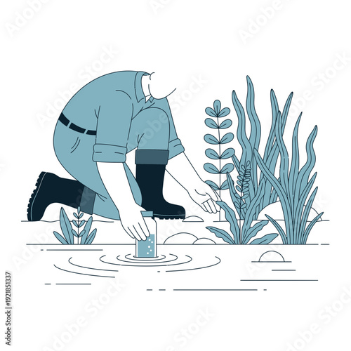 Farmer Collecting Water Sample Near Aquatic Plants For Testing