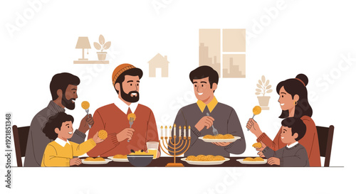 Family Gathered Around Table Enjoying Celebration Meal Together at Home