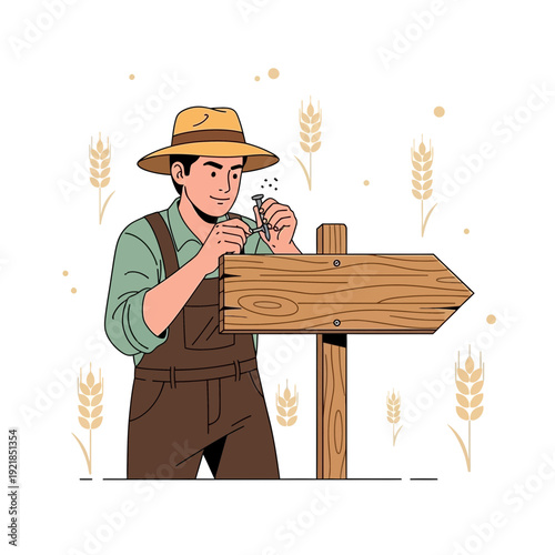 Farmer Constructing Directional Signpost Amidst Wheat Fields