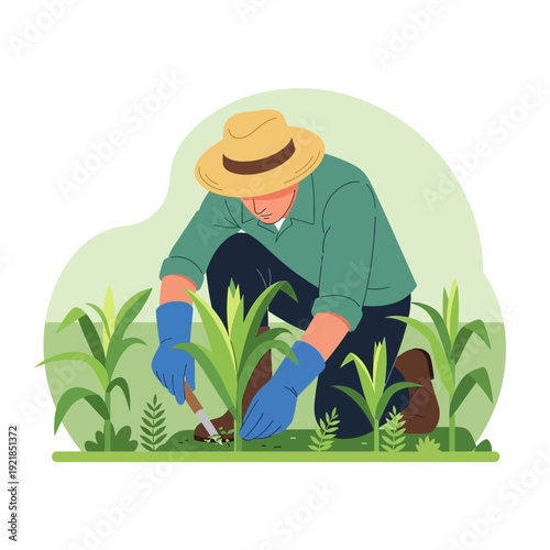 Farmer Cultivating Crops In A Lush Green Field Working The Soil