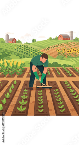 Farmer Cultivating Organic Crops in a Vibrant Rural Landscape