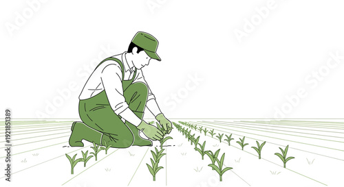 Farmer Cultivating Young Crops In A Field With Precision And Care