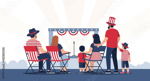 Family Gathering Enjoying Outdoor Event Entertainment with Patriotic Decor