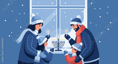 Family Lighting Hanukkah Candles Winter Celebration