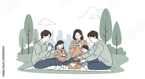 Family Picnic Illustrative Moment Depicting Leisure and Togetherness, Enjoying Food Outdoor
