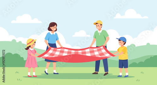 Family Picnic Preparation Outdoors On A Sunny Day