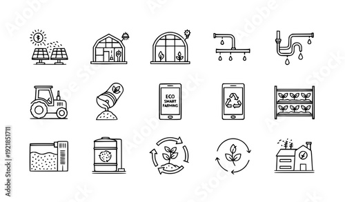 A set of eco-friendly icons representing sustainable farming and green technology
