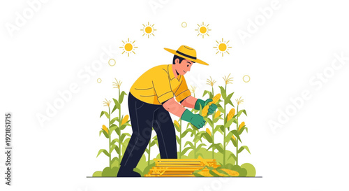 Farmer Harvesting Sweet Corn on Agricultural Field Under The Sunny Sky's Gaze