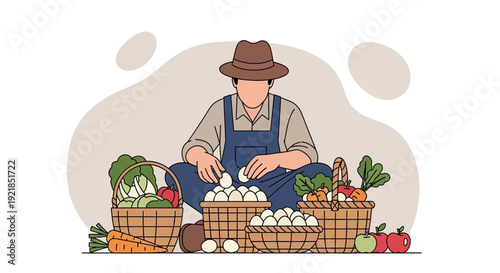 Farmer Harvests Fresh Eggs and Produce With Healthy Basket Selection