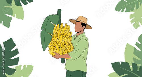 Farmer Holding Abundant Bunch of Bananas Surrounded by Tropical Leaves Illustration