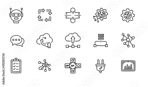 Technology Icons Set: AI Bot, Cloud, API, Network, Data Flow Vector Illustration