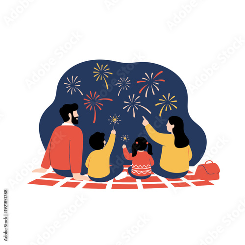 Family Watching Sparklers and Fireworks on a Festive Evening