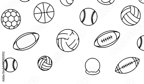A minimalist vector graphic illustration of various sports balls on a white background