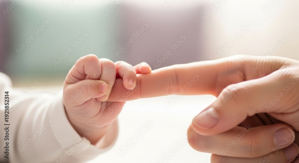 Obraz premium Newborn baby's tiny hand holding adult finger, symbol of love, connection, and new life