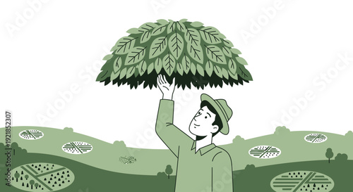 Farmer Tending To Lush Greenery With Organic Farm Fields In Background
