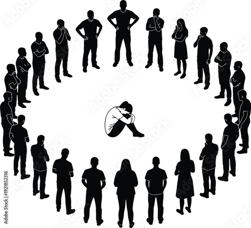 Silhouette of People Standing in a Circle Around a Depressed Person Sitting Alone, Social Exclusion, Bullying, Loneliness, Mental Health Concept, Isolated