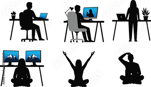 Silhouette set of people working from home, using laptops, dual monitors, standing desks, practicing yoga, and meditating for office wellness.