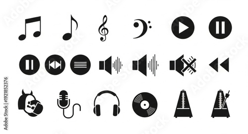 Collection of musical icons and symbols for audio and sound.