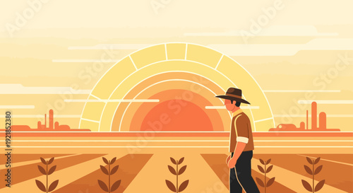 Farmer Walking Through Field At Sunrise With Stylized Sun And Hills