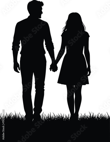 Silhouette collection of wedding couples, brides in floral gowns, grooms, and romantic pair walking hand in hand outdoors on the grass.