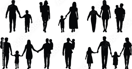 Silhouette of Diverse People Walking and Standing, Featuring Business Professionals, Seniors with Canes, and Shoppers Carrying Bags, Isolated White Background