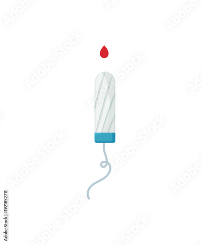 Vector illustration of a tampon with a blue string and blood drop on a white background.