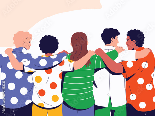 Diverse group of friends with arms around each other, showing unity, friendship, and togetherness