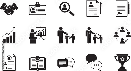 Business and HR glyph icon set for recruitment, training, mentorship, and career growth in corporate design