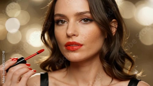 woman applying red liquid lipstick