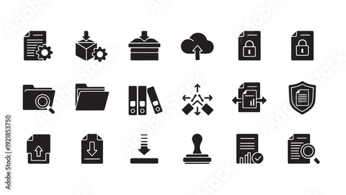 Document management and cloud storage glyph icon set for file security, sharing, and data organization in UI design