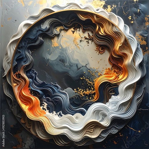 Swirling abstract art with layered white, gold, and blue textures, resembling waves, framed in a golden ring