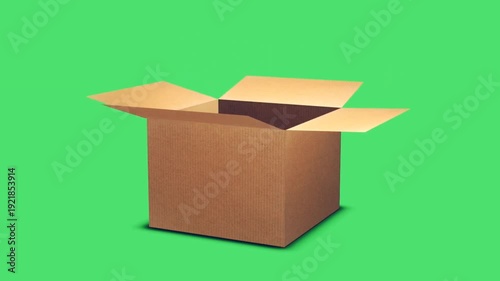 Cardboard box opening on green screen background. 4K cardboard box animation open close rotation 3d animation chroma key packaging delivery storage video.